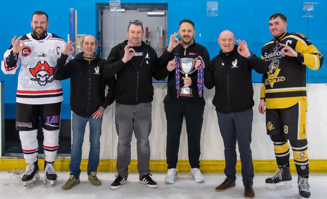 NIHL GM Haydn Hunter with representatives from AMC Stockton, Billingham Buccaneers and Nottingham Lions. Photo credit: Billingham Buccaneers